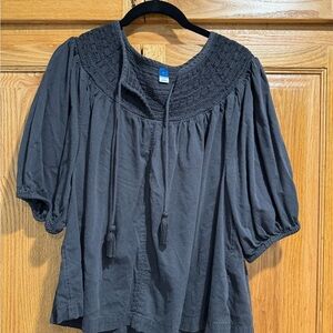 Gray Smocked Puff Sleeve Blouse with Bib Collar